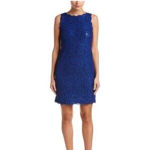 ADRIANNA PAPELL Women's Blue Sleeveless Embellished Lace Sheath Dress